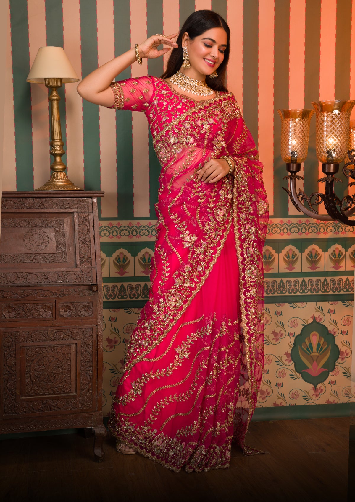 Buy Rani Pink Zari & Sequins Work Raw Silk Saree - Koskii