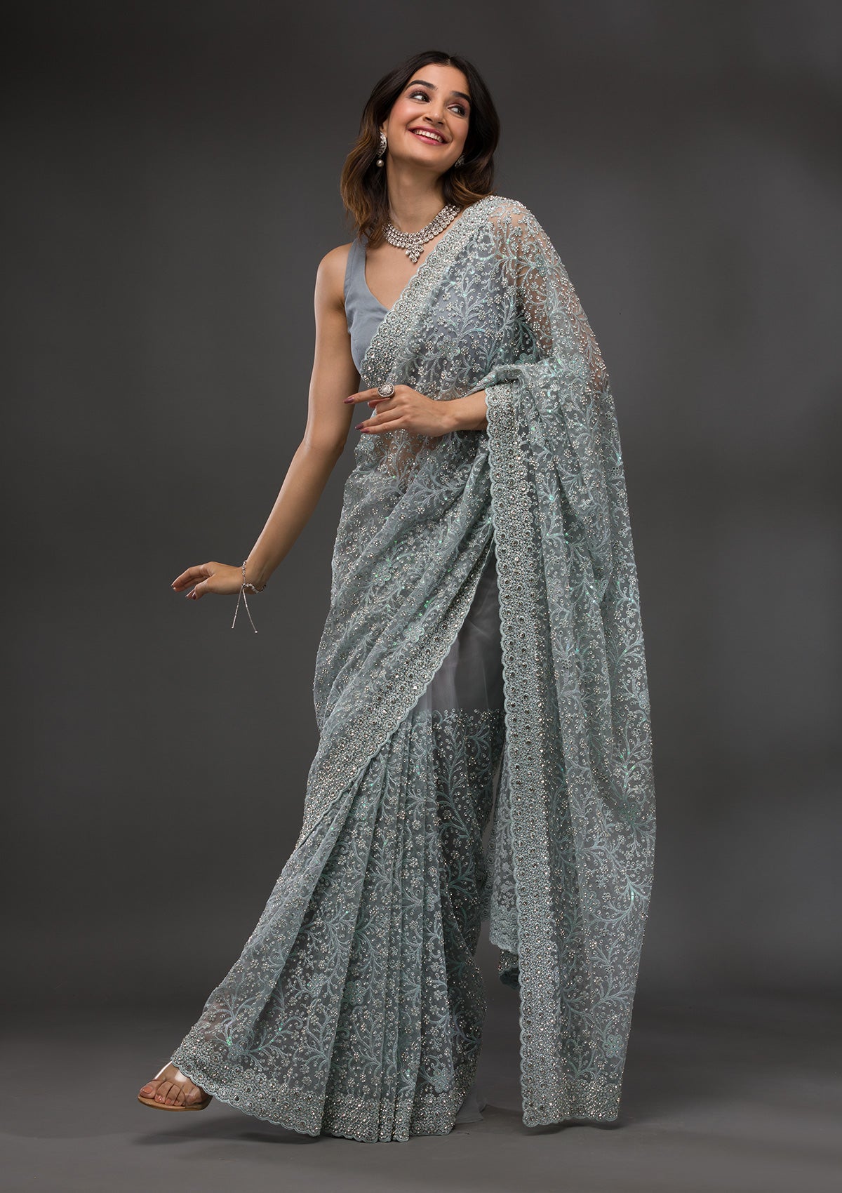 Astonishing Look Grey Color Soft Net Base Stone Work Embroidered Saree