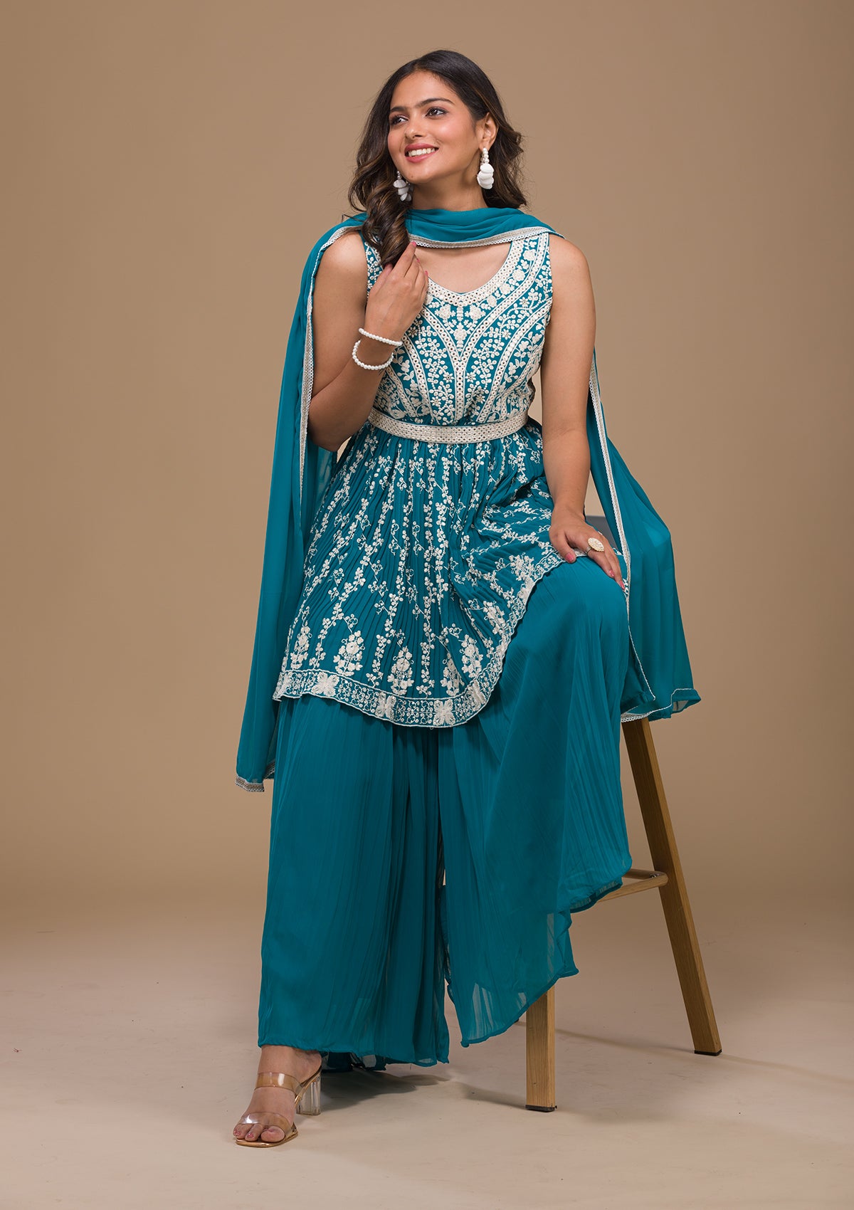 Designer Party Wear Readymade Top Bottom Set Blue Cotton Sharara