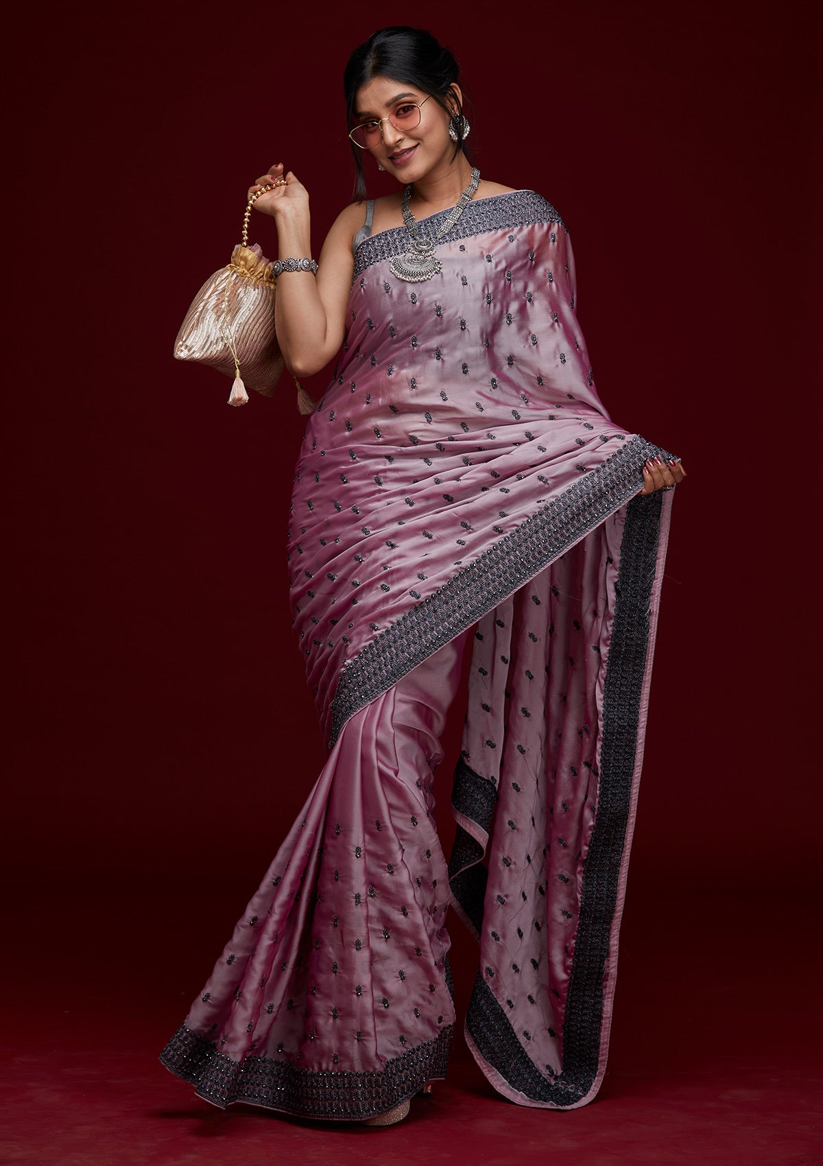 Trending lilac color satin silk saree with hand work buy now – Joshindia