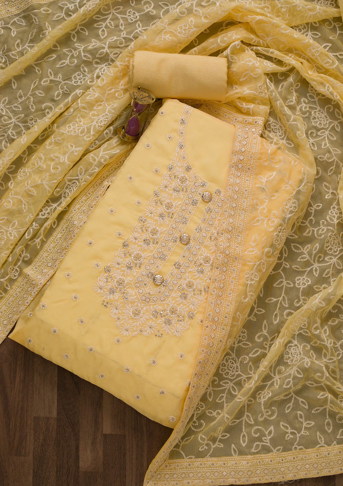 Buy Lemon Yellow Threadwork Organza Unstitched Salwar Suit - Koskii