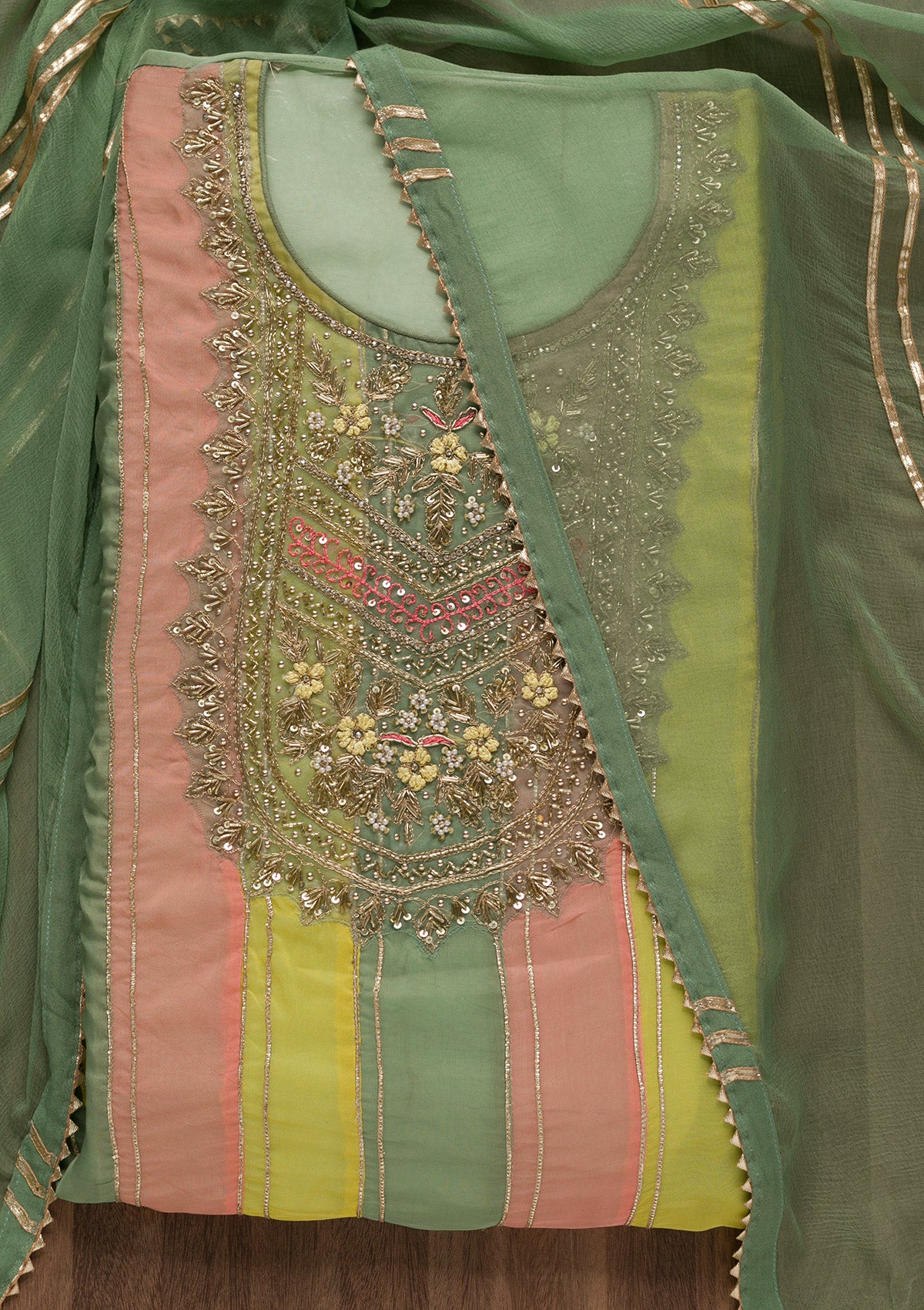 Pista Green Zardosi Organza Unstitched Salwar Suit