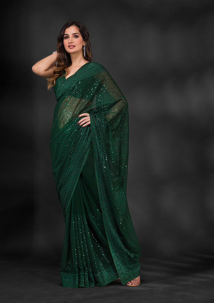 Bottle Green With Red Border Silk Traditional Saree – paanericlothing