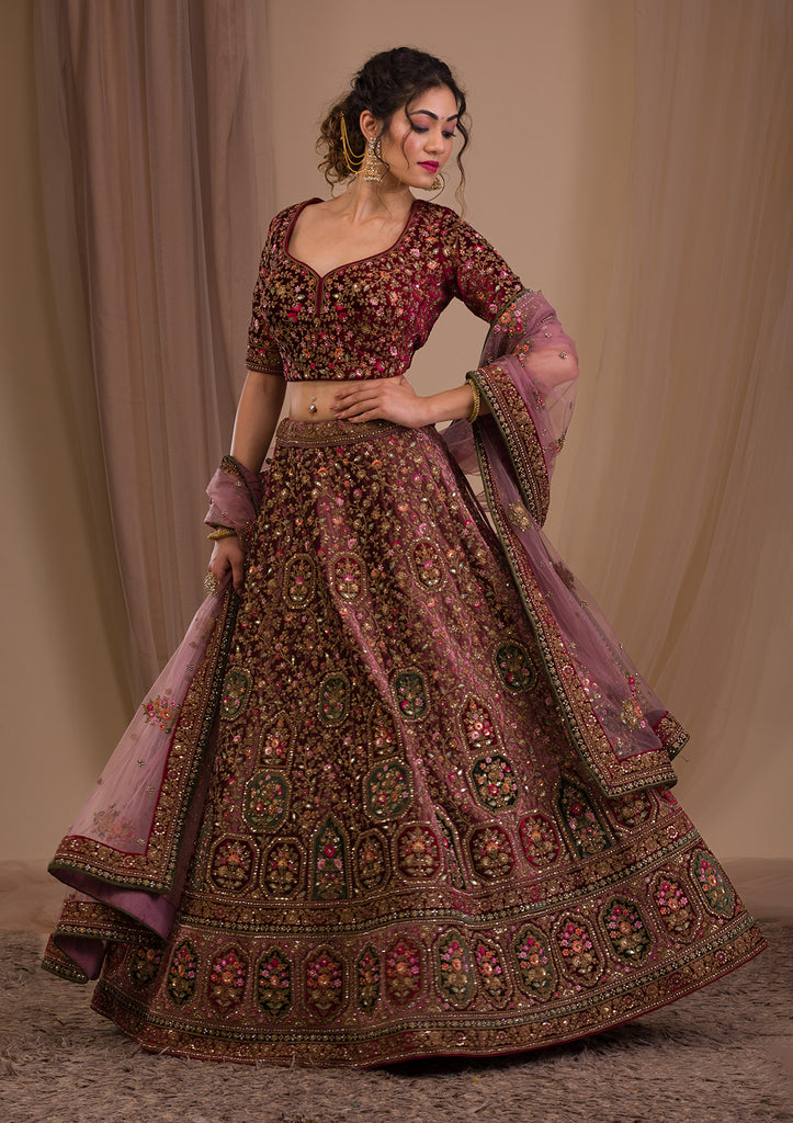 Buy Hot Pink Embroidered Velvet lehenga Choli Online At Ethnic Plus