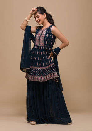 Prachi Desai Embroidered Sangeet Wear Readymade Sharara Style Palazzo  Salwar Kameez In Georgette Fabric Navy Blue Color
