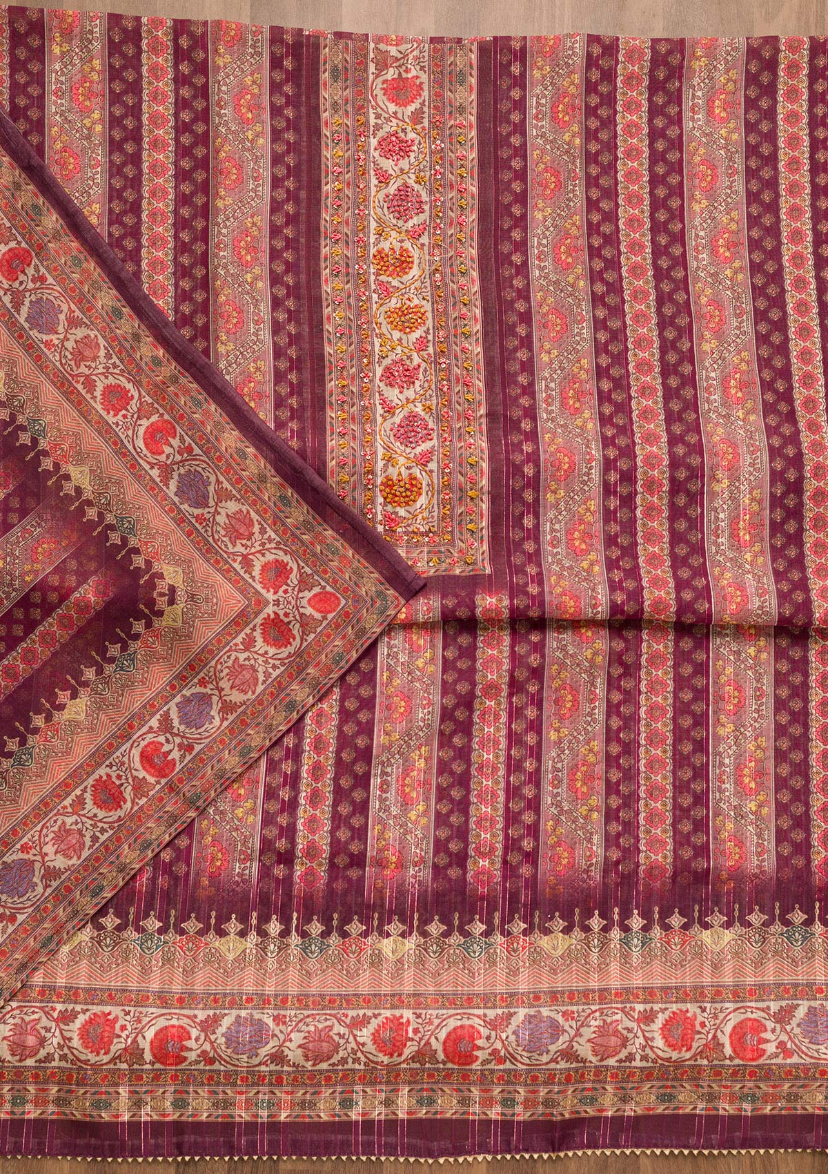 Purple Threadwork Chanderi Unstitched Salwar Suit