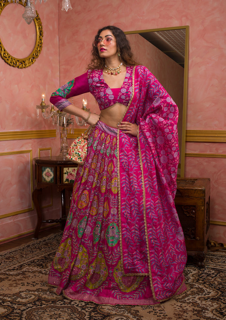 Buy Rani Pink And Green Multi Embroidered Lehenga Suit In Australia
