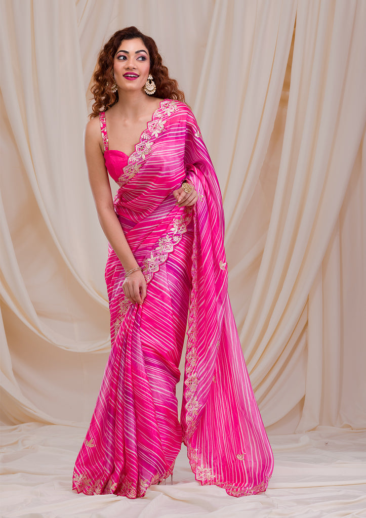 Buy Rani Pink Printed Semi Crepe Saree - Koskii
