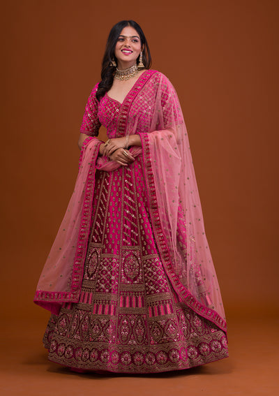 Rani Pink Lucknowi Embroidered Georgette Lehenga – Maharani
