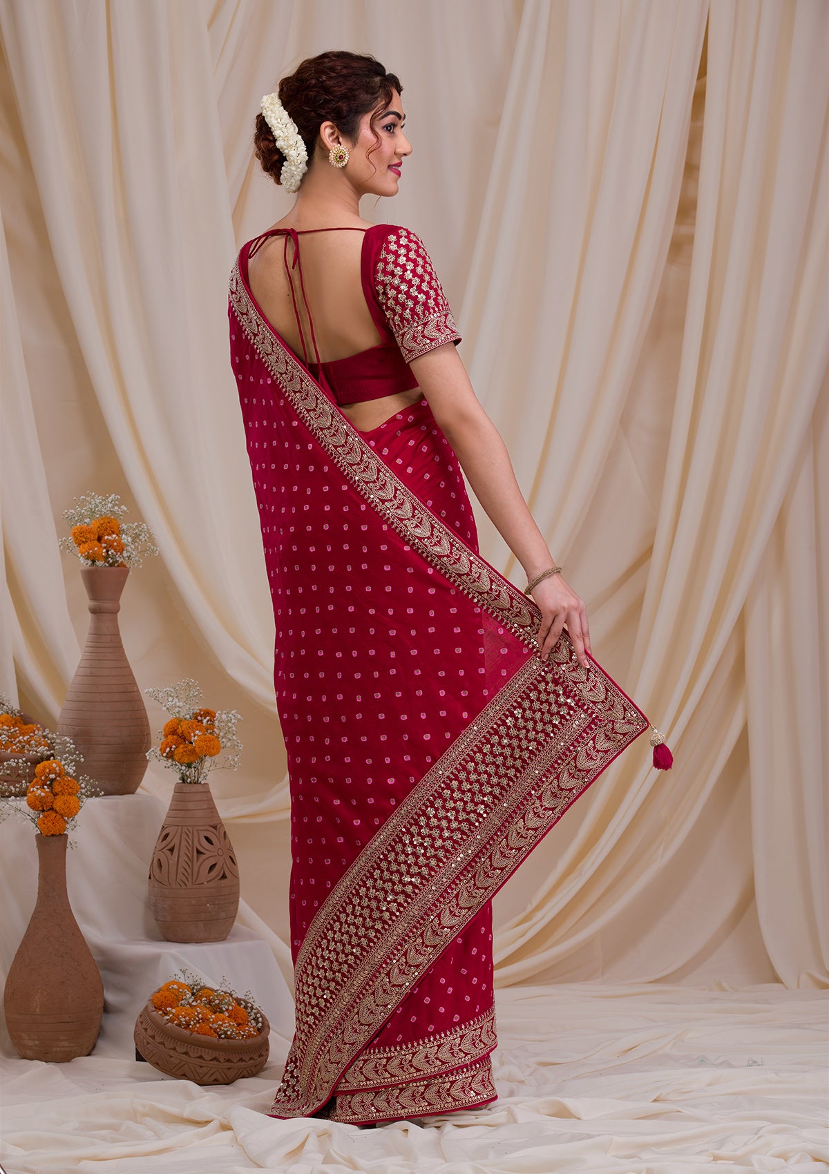 Rani Pink Colour Wedding Saree in Satin,Georgette Fabric.