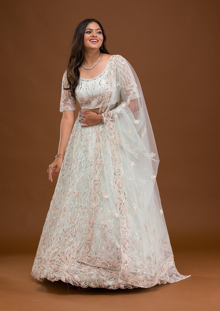 Tie Dye Chinon Chiffon Ruffled Lehenga in Off White and Teal Blue : LRR6