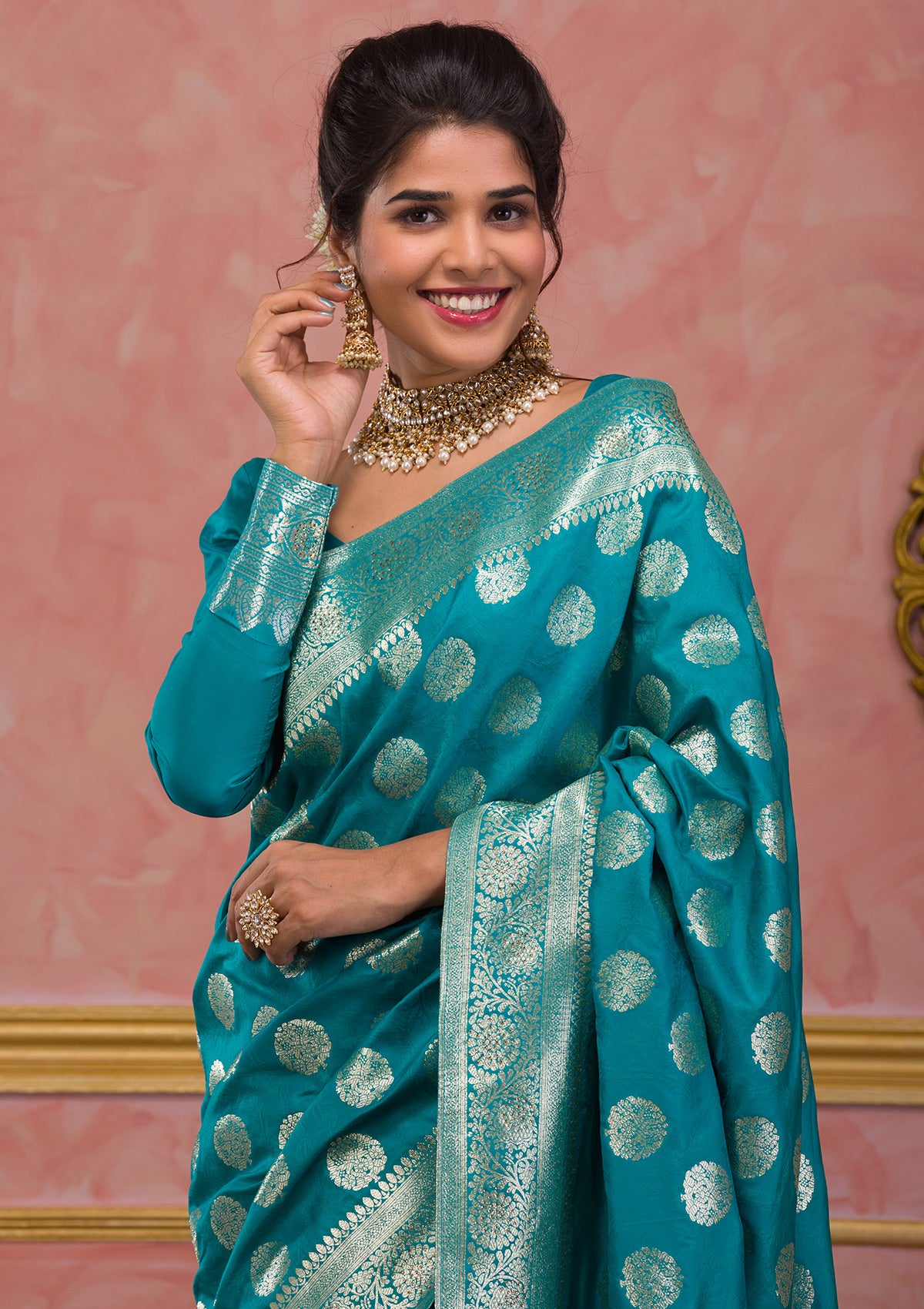 Modest Wear Teal Blue Art Silk Wedding Wear Saree|SARV113927