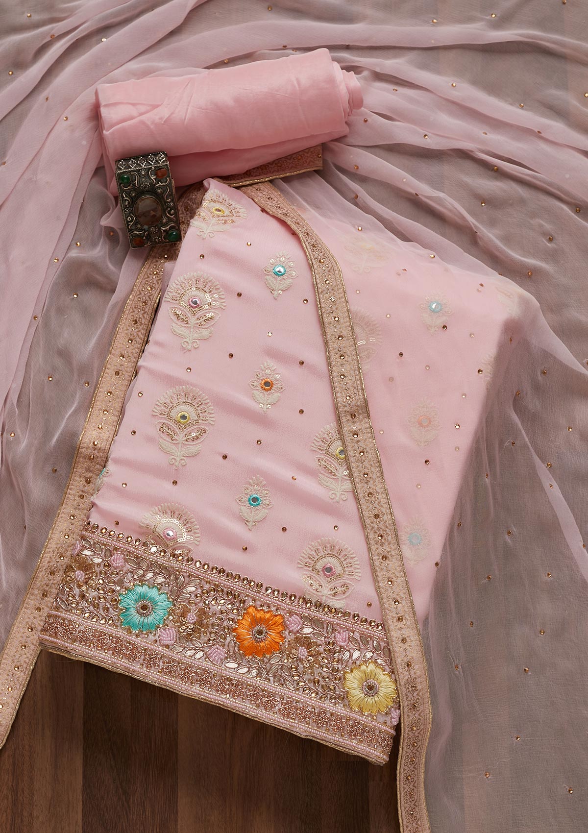 Baby Pink Cutdana Georgette Unstitched Salwar Suit- Koskii