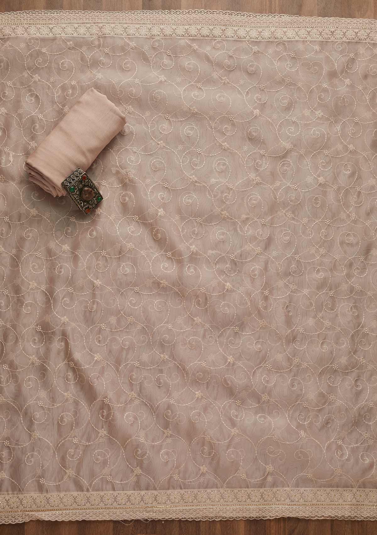 Baby Pink Threadwork Tissue Unstitched Salwar Suit-Koskii