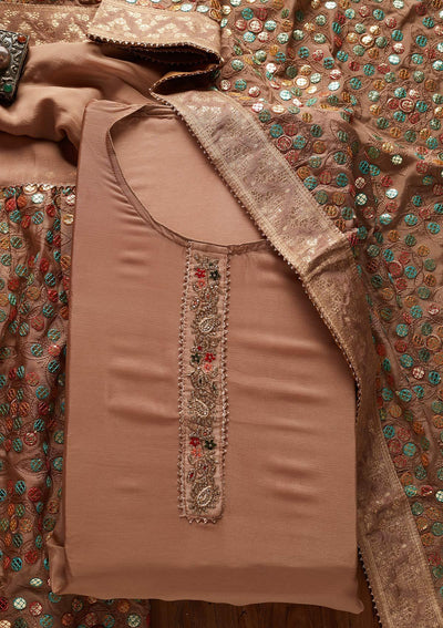 Beige Gotapatti Semi Crepe Designer Semi-Stitched Salwar Suit - koskii