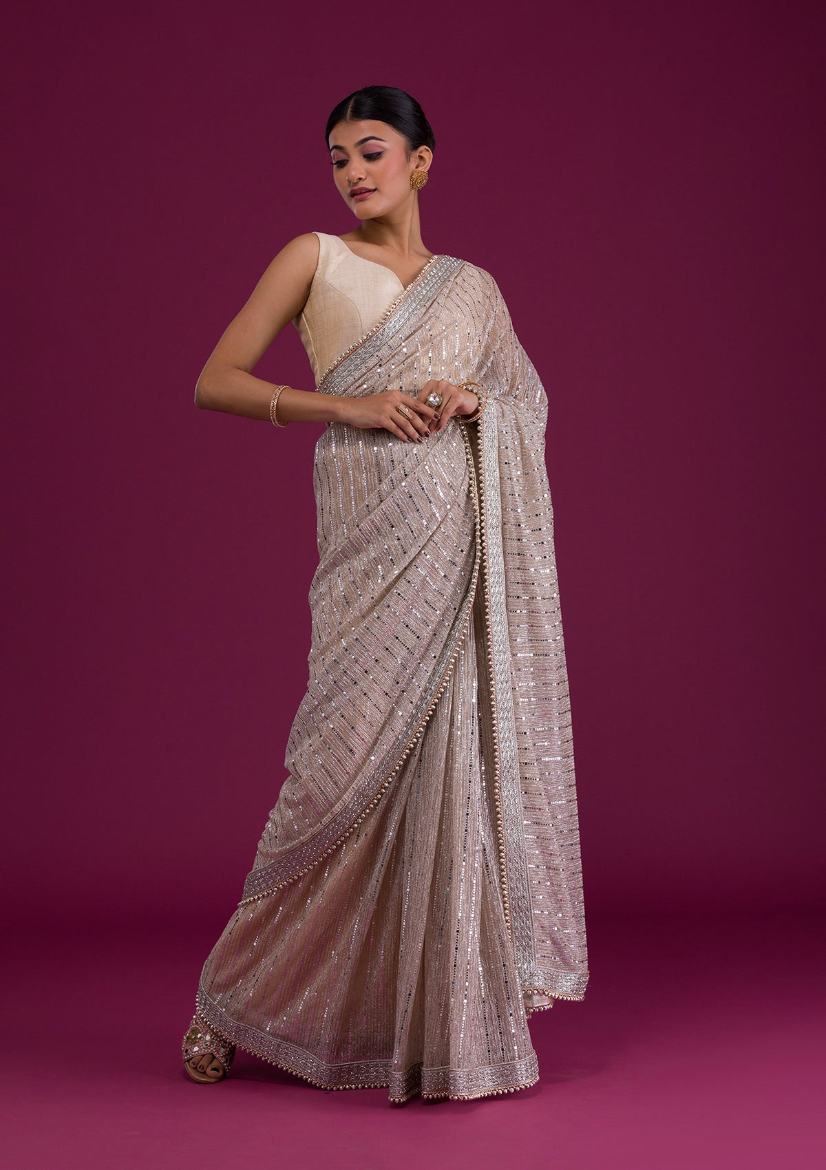 Beige full sequin saree for Party Online at Best Price - Rutbaa