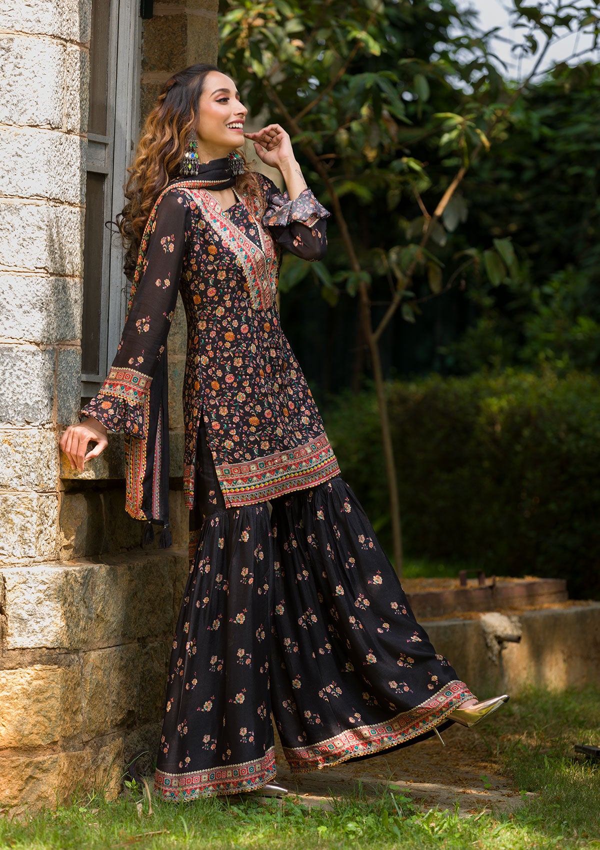 Buy Black Printed Georgette Readymade Salwar Suit - Koskii