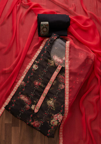 Black Sequins Chanderi Designer Unstitched Salwar Suit - Koskii