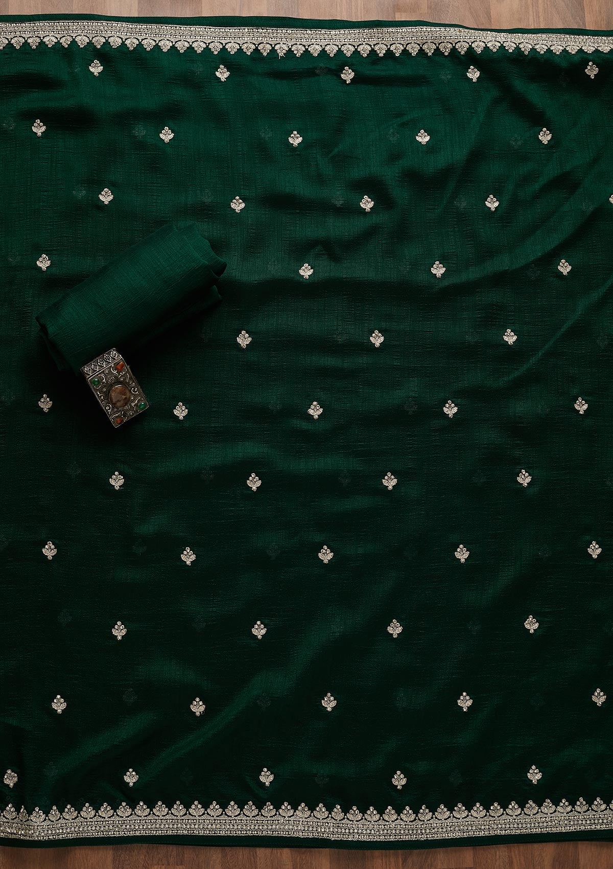 Buy Bottle Green Zariwork Art Silk Unstitched Salwar Suit - Koskii