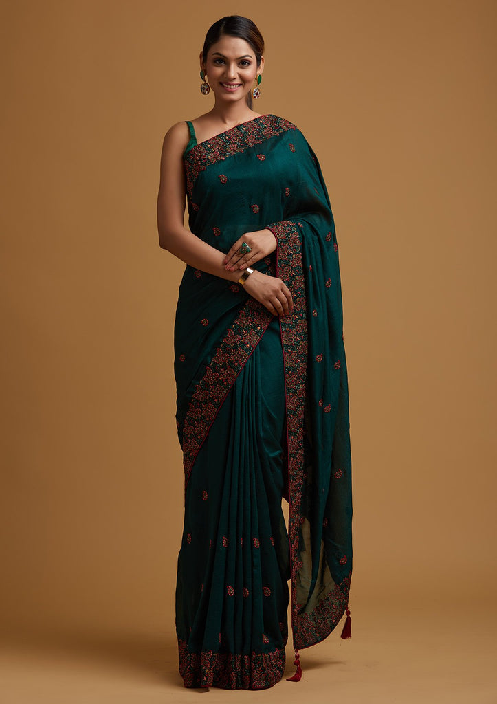Bottle Green Satin Silk Plain Saree & Gold Sequence Embroidery Unstitch  Blouse for Women Wear Partywear Sari Wedding Wear Sari in USA, UK,CA - Etsy