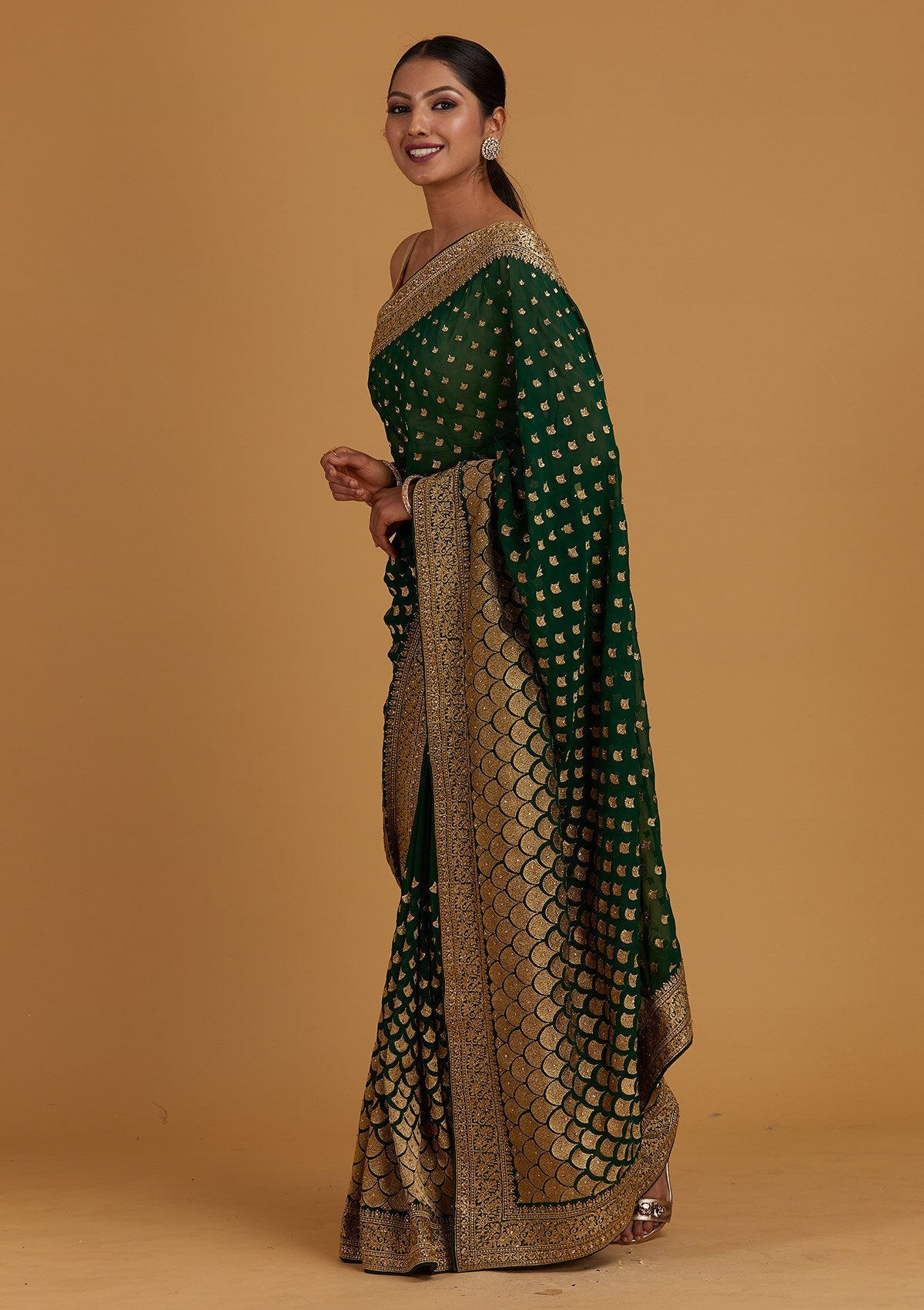 Dark green saree with zari work - G3-WSA54290 