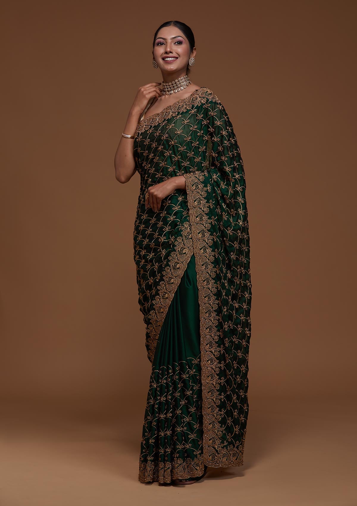 Designer satin silk saree grey with allover chamki & zardosi work –  Prashanti Sarees