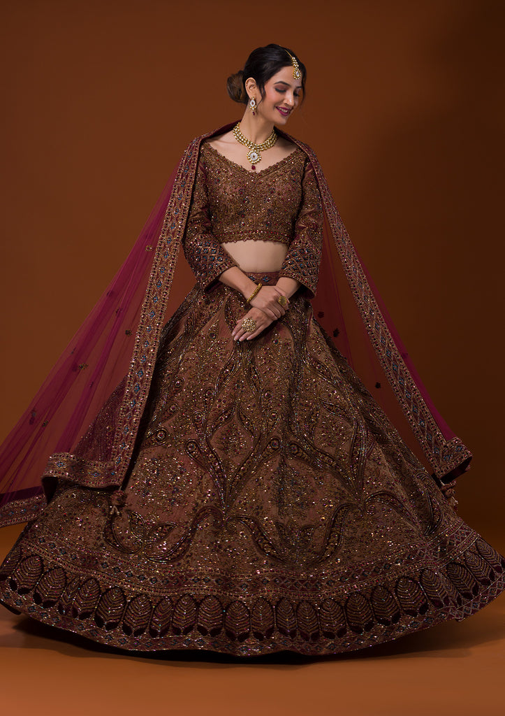 Pothys - Lehenga #choli styles for all occassions are a #Pothys speciality.  Here's a diamante embellished fabric in chocolate brown velvet with peach  floral print and #dupatta for refreshing contrast. [FB0903] More #
