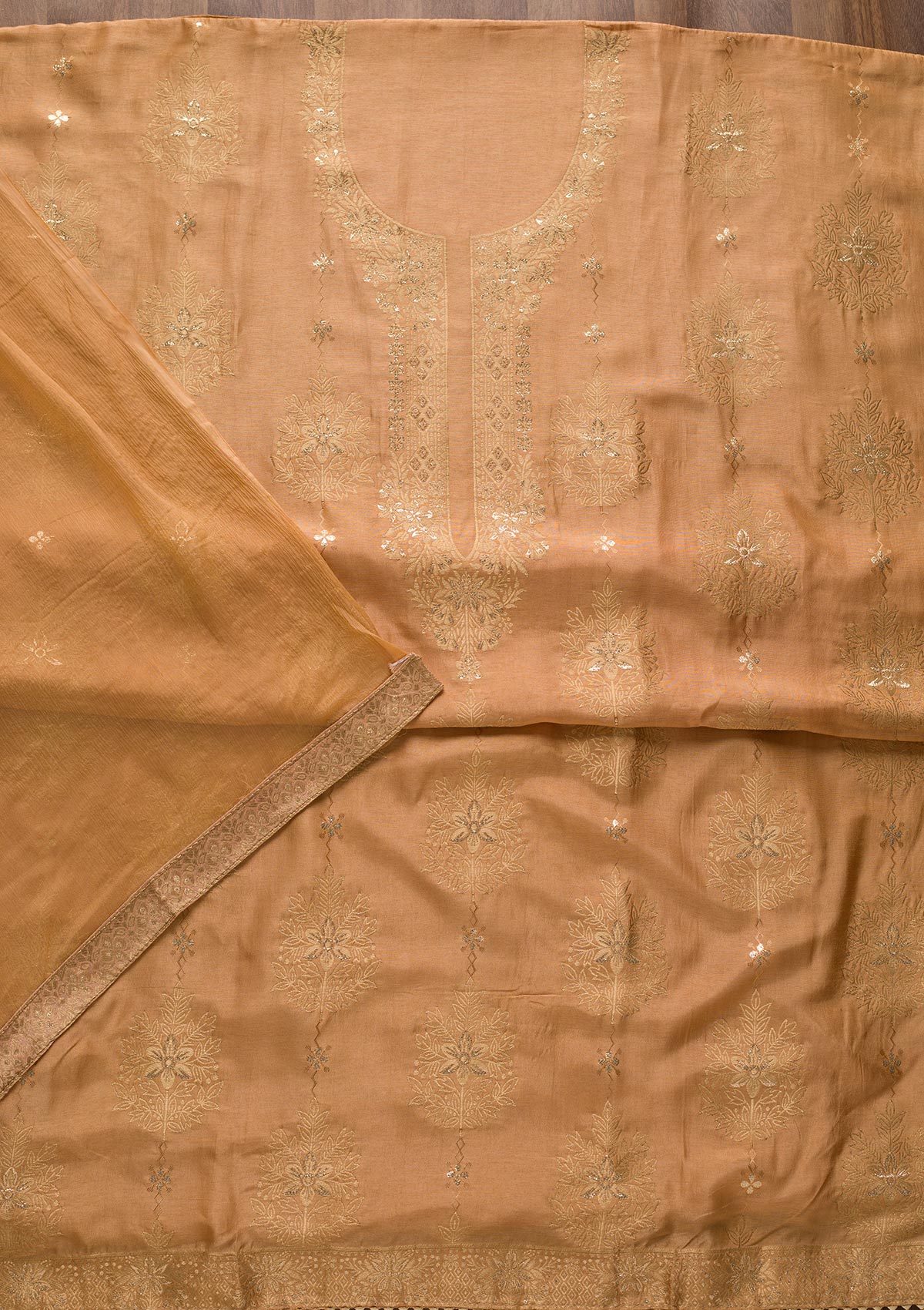 Brown Zariwork Semi Crepe Unstitched Salwar Suit-Koskii