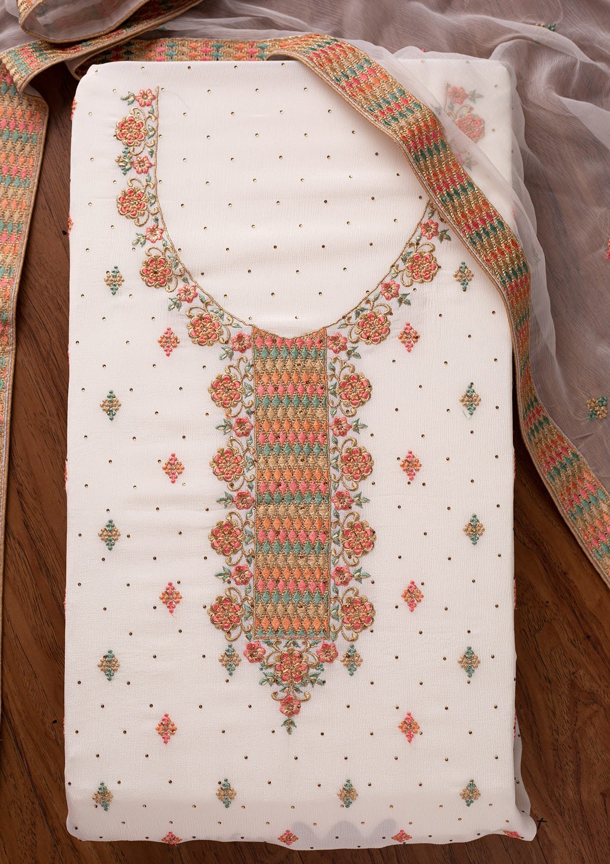 Cream Threadwork Semi Crepe Designer Semi-Stitched Salwar Suit - koskii