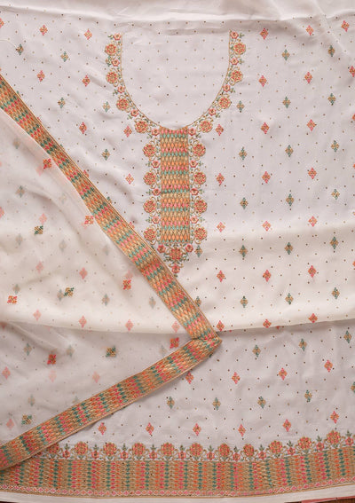 Cream Threadwork Semi Crepe Designer Semi-Stitched Salwar Suit - koskii