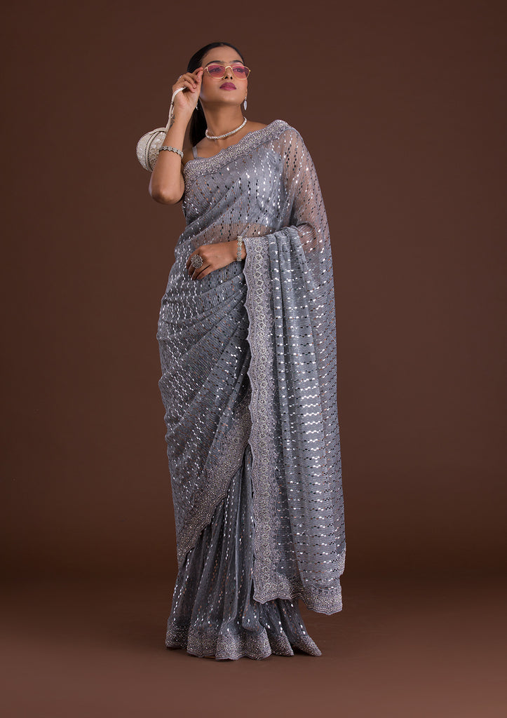 Net Designer Saree In Grey Colour - SR1543324