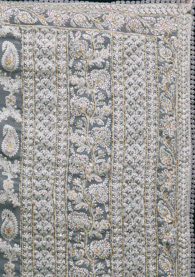 Light Grey Threadwork Net Saree - Koskii
