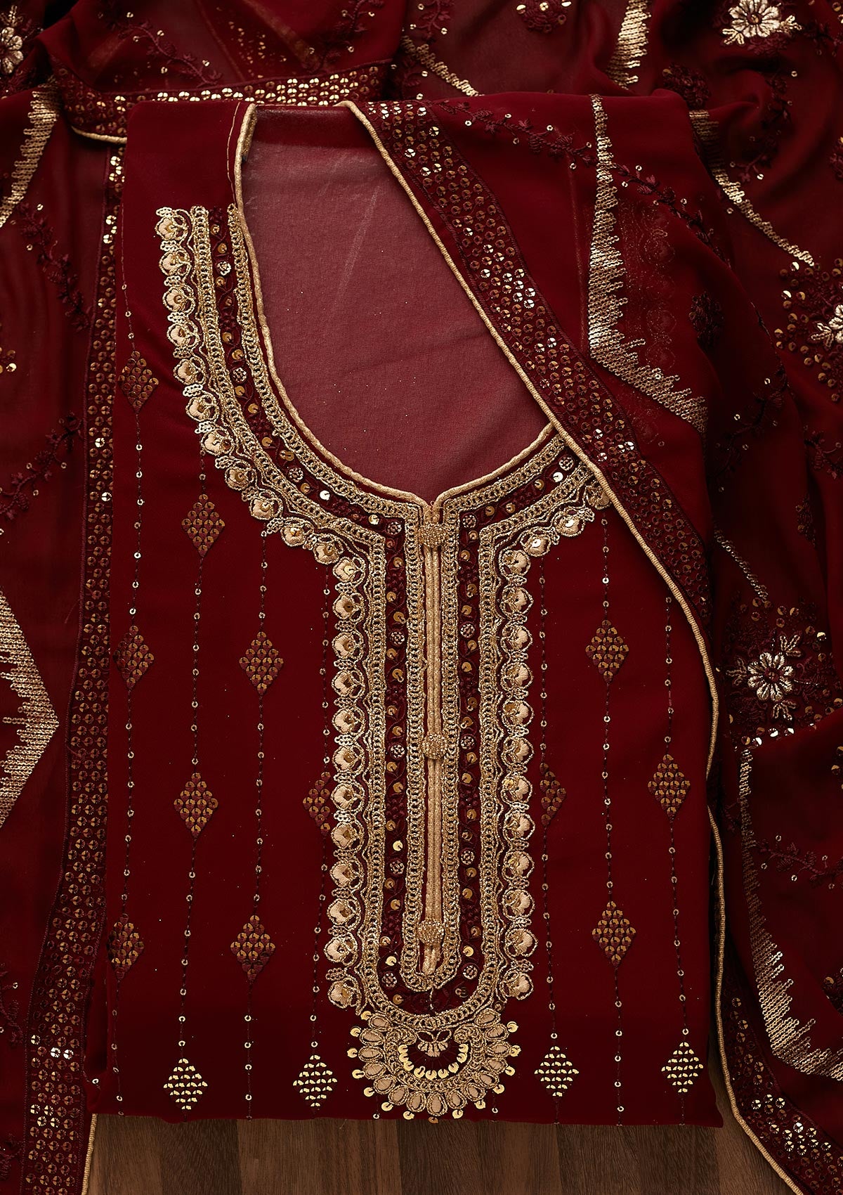 Maroon Zariwork Georgette Semi-Stitched Salwar Suit - Koskii
