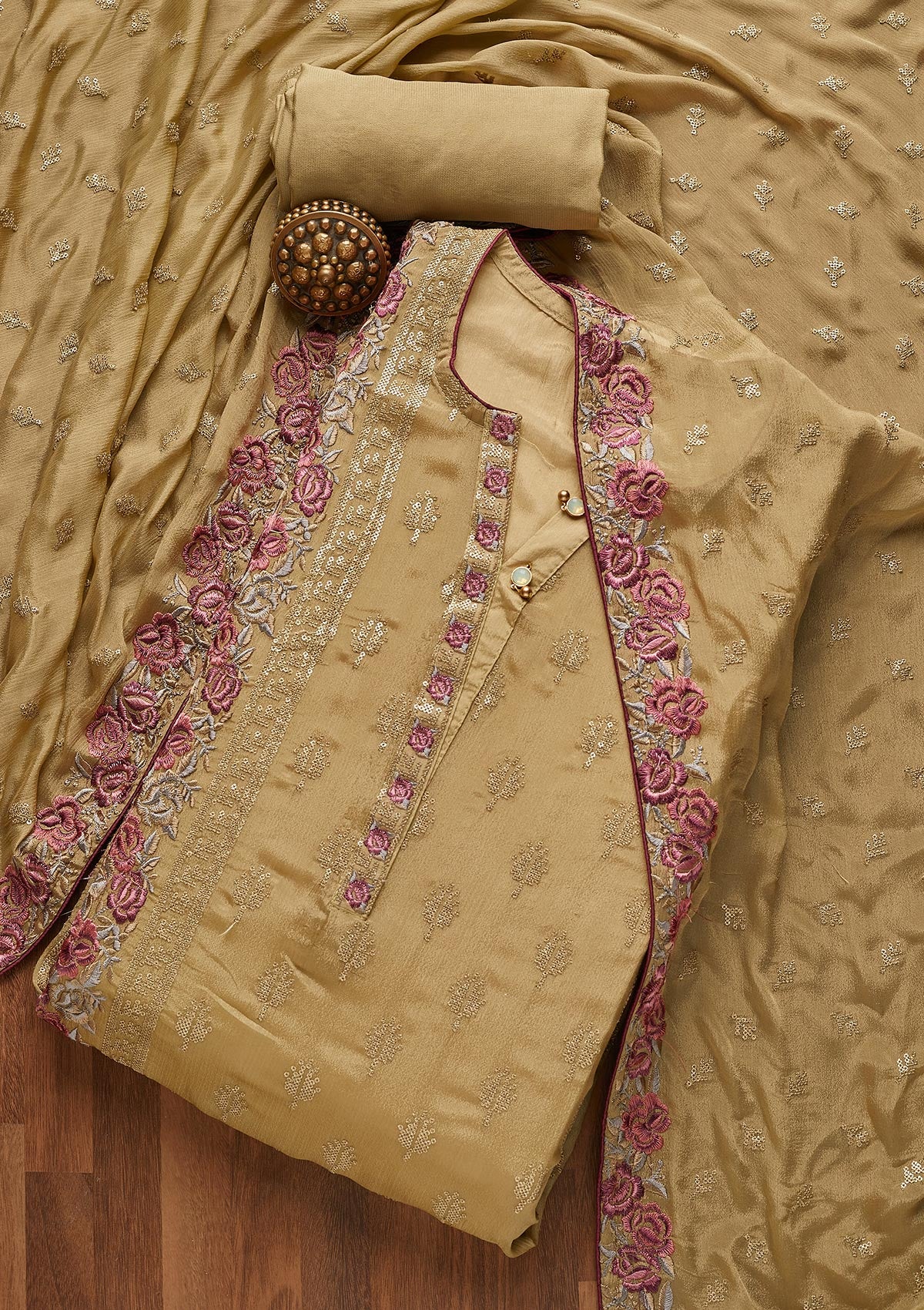 Mehendi Threadwork Semi Crepe Unstitched Salwar Suit- Koskii