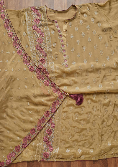 Mehendi Threadwork Semi Crepe Unstitched Salwar Suit - Koskii