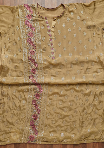 Mehendi Threadwork Semi Crepe Unstitched Salwar Suit - Koskii