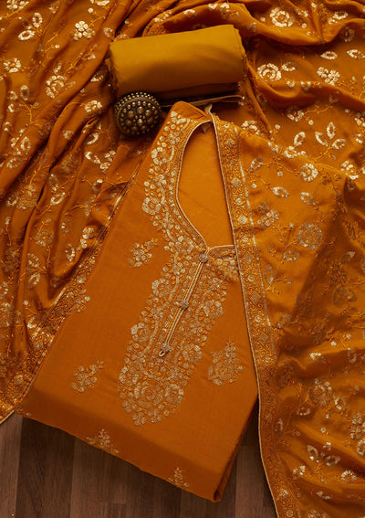 Mustard Sequins Georgette Unstitched Salwar Suit- Koskii