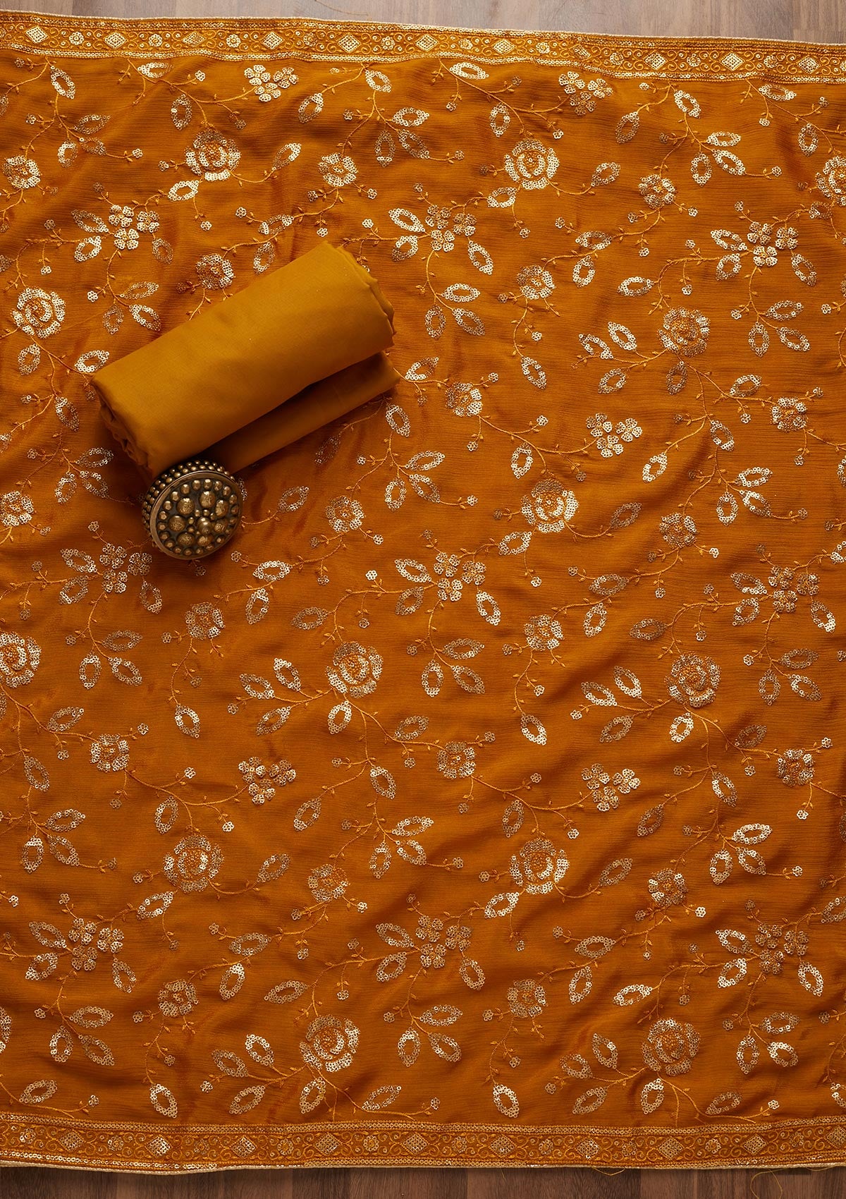 Mustard Sequins Georgette Unstitched Salwar Suit - Koskii