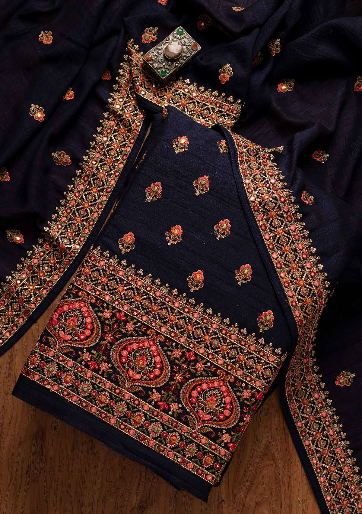 Navy Blue Threadwork Raw Silk Designer Unstitched Salwar Suit - koskii