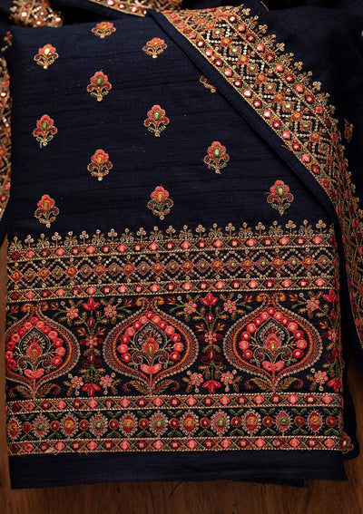 Navy Blue Threadwork Raw Silk Designer Unstitched Salwar Suit - koskii