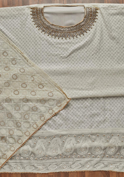 Off White Stonework Georgette Unstitched Salwar Suit - Koskii
