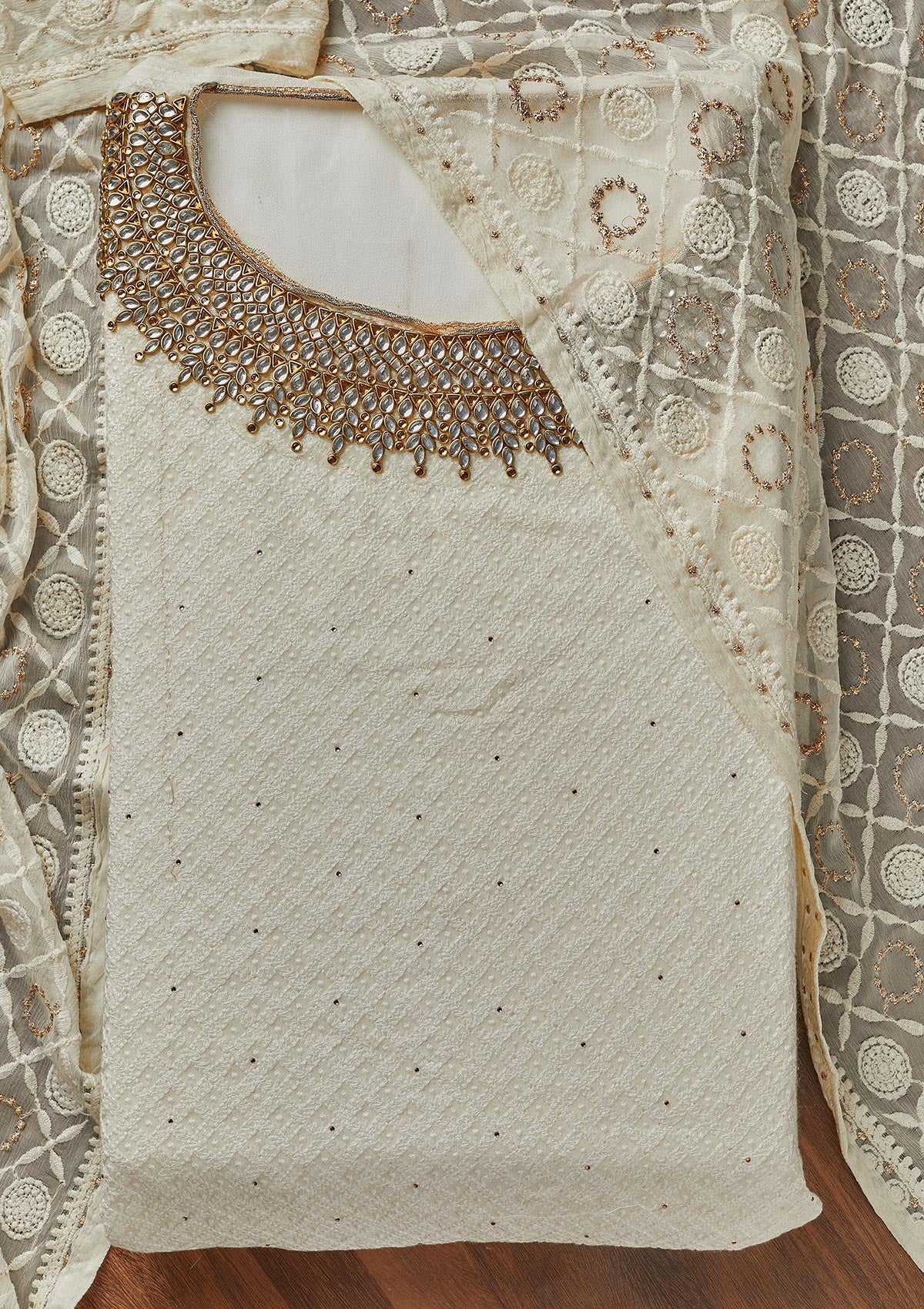 Off White Stonework Georgette Unstitched Salwar Suit - Koskii