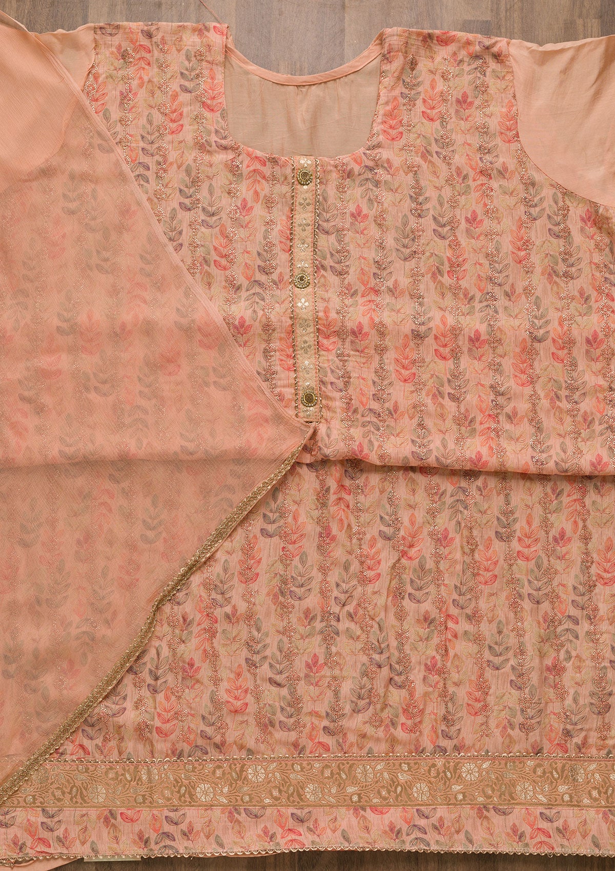 Peach Sequins Semi Crepe Unstitched Salwar Suit-Koskii
