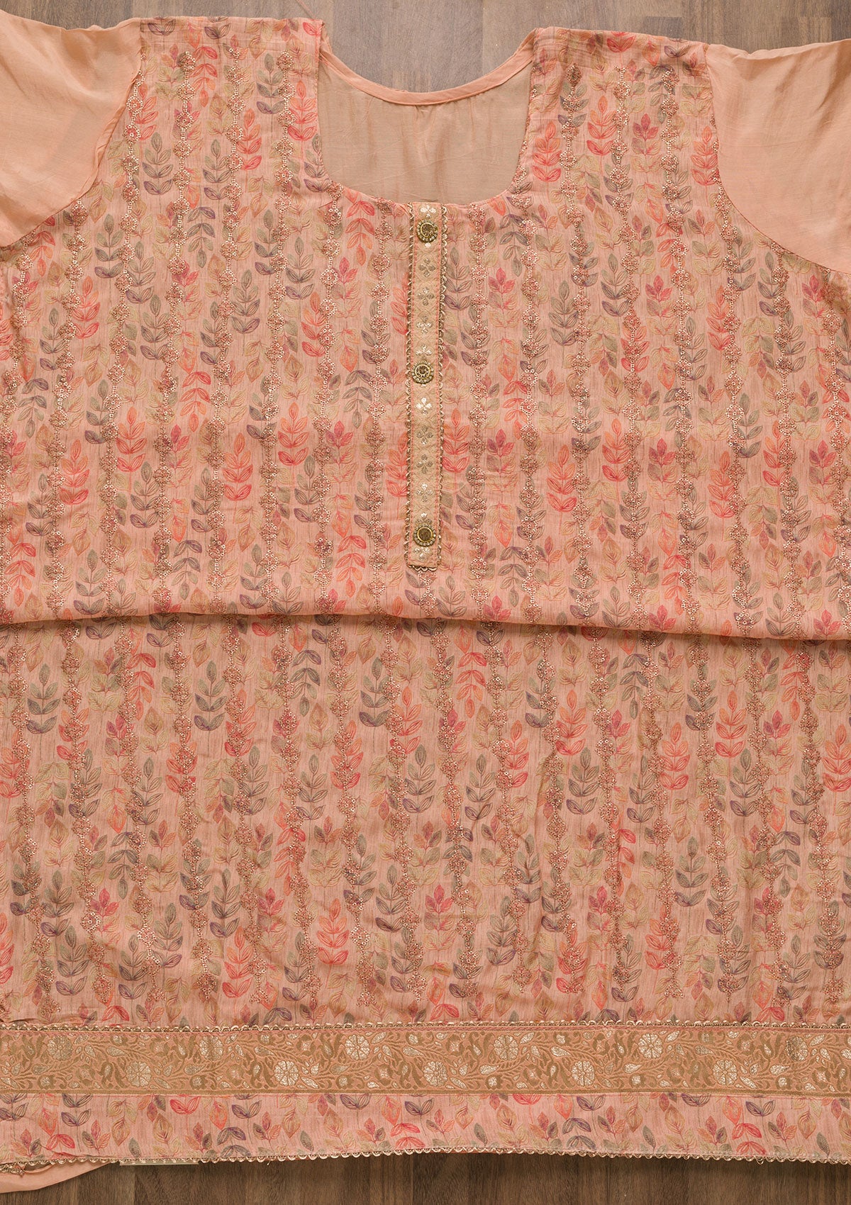 Peach Sequins Semi Crepe Unstitched Salwar Suit-Koskii