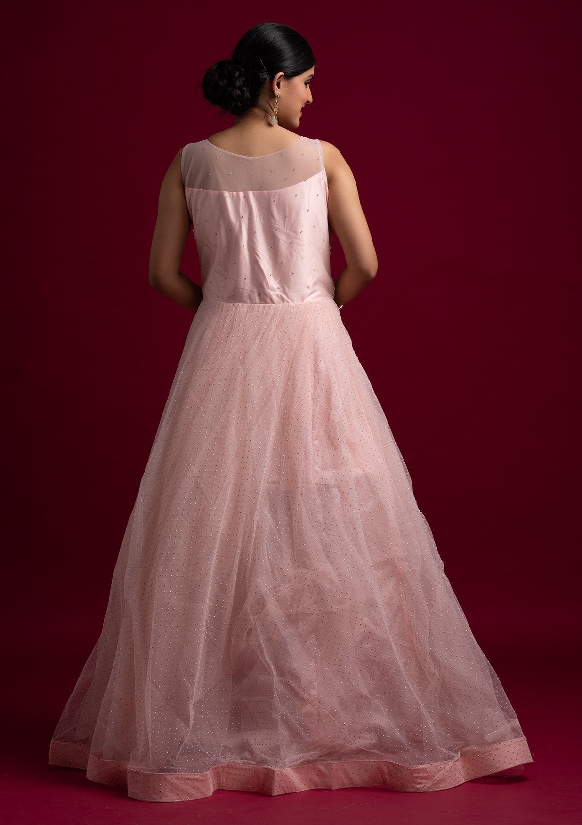 Peach Silver Stonework Net Designer Gown - koskii