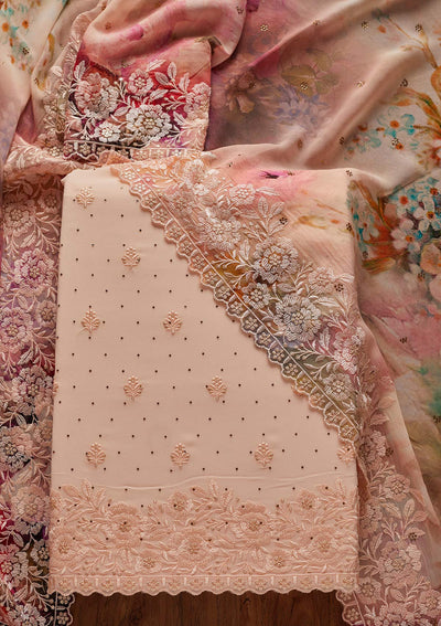 Peach Threadwork Georgette Designer Unstitched Salwar Suit - koskii