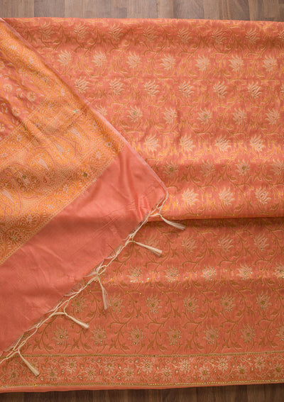 Peach Zariwork Banarasi Unstitched Salwar Suit-Koskii