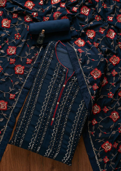 Peacock Blue Sequins Georgette Designer Semi-Stitched Salwar Suit - koskii