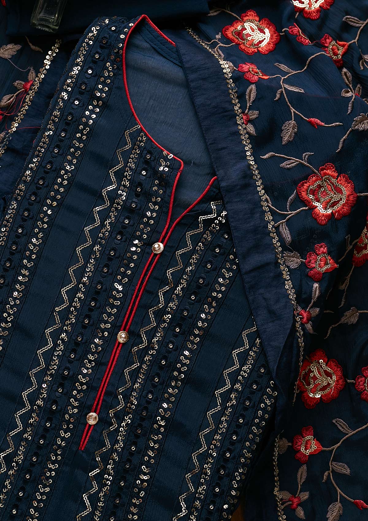 Peacock Blue Sequins Georgette Designer Semi-Stitched Salwar Suit - koskii