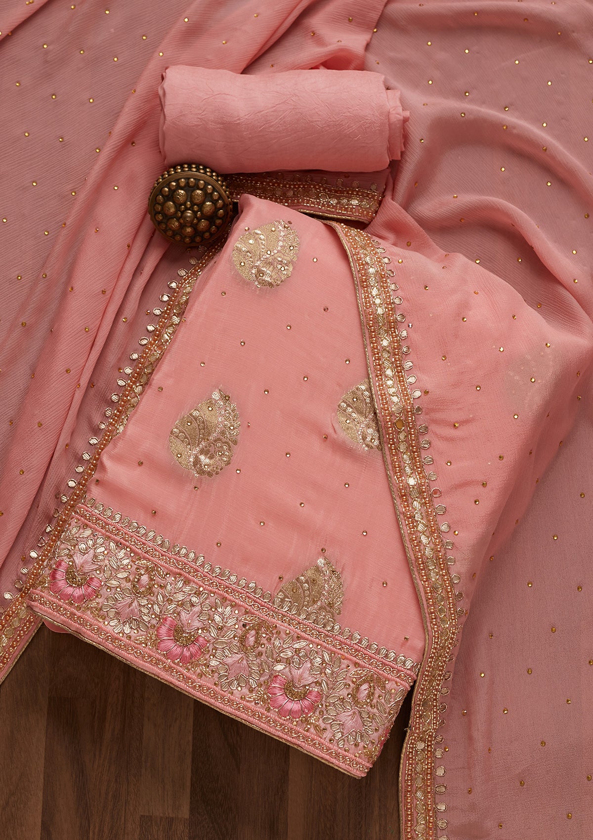 Pink Gotapatti Semi Crepe Unstitched Salwar Suit- Koskii